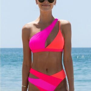 Popvil Cutout One-Shoulder Color Block Bikini‎ Set NWT Size Medium